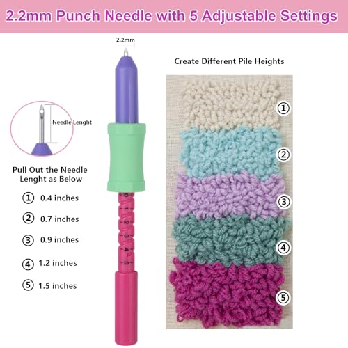 Image of Cheloment 2.2mm Punch Needle Kit Adjustable Punch NeedleTool with Threader,Lightweight Punch Needle with 5 Needle Lengths, Needle Punch Kits for Beginner,Embroidery Punch Needle,Easy to Use
