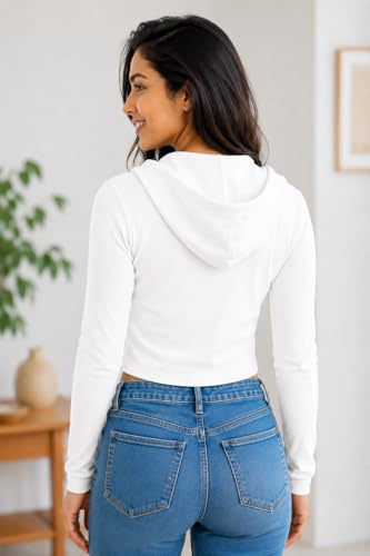 Image of Rabboni Women's Ribbed Crop Hoodie Sweatshirt with Front Zip Closure | Full Sleeve Stretch Knit Crop Top | Slim Fit Casual Hoodie for Gym, Yoga, Travel & Everyday Wear.