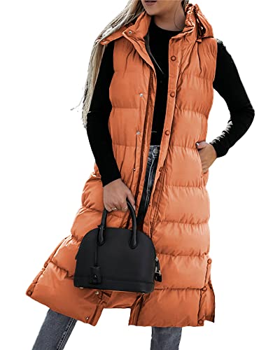 Women's Long Quilted Vest Hooded Sleeveless Button Down Puff Vest Cotton Padded Jacket Winter Coat #TOP1