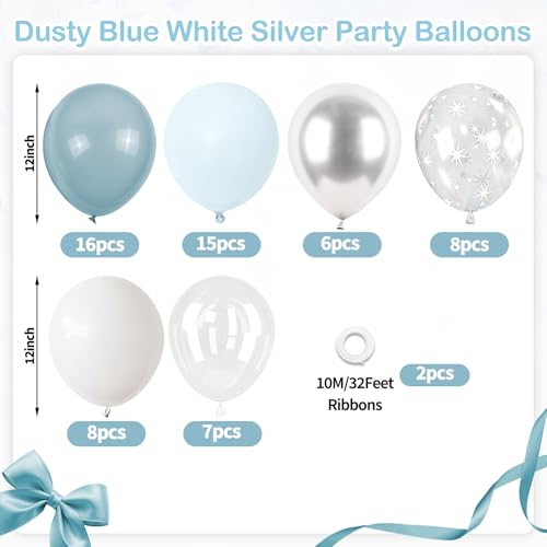 Image of Dusty Blue Party Balloons, 60PCS Light Blue Pearl White Silver Balloon, 12 Inch Star Printed Transparent Latex Balloons Helium for Boys Birthday Wedding Baby Shower Gender Reveal Party Decoration