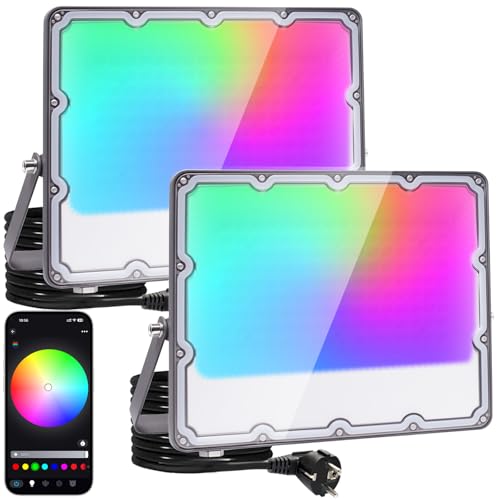 OUSIDE 2 Unidades Focos LED RGB Exterior 100W, Control App Bluetooth, 16 Millones de Colores, 12 Modos Musicales, 44 Modos de Color, Temporizador, IP66, Ideal Fiestas y Halloween