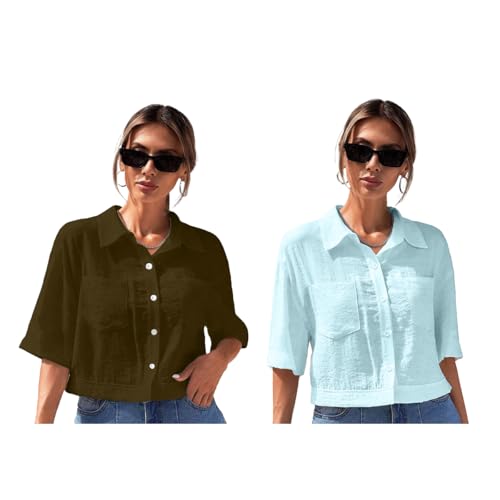 Image of TOPLOT V-Collar Solid Crop Shirt for Women with Half Sleeves, Polyester, Regular Fit