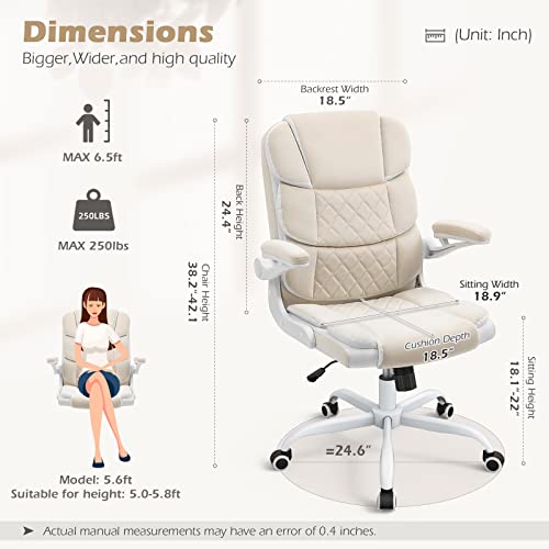Seatzone Ergonomic Office Chair Beige Velvet Fabric Computer Desk Chairs With Wheels And Flip-Up Arms, Rolling Swivel Task Chair For Adults And Teens #TOP1