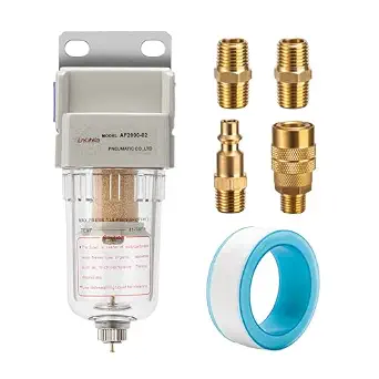 Air Compressor Water Separator 1/4”NPT, Compressed Air Line Filter, Air Dryer for Compressor AF2000-02, 5 Micron Brass Element, Manual Drain, Bracket