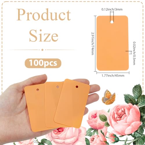 SOFPLATE 100 Stück Wiederverwendbare Leere Kunststoffetiketten Wasserfest PVC Orange Rechteckig 4 x 7cm Beschreibbar Zum Aufhängen Für Schlüssel Gepäck Logistik Einzelhandel Lagerbestände Schule