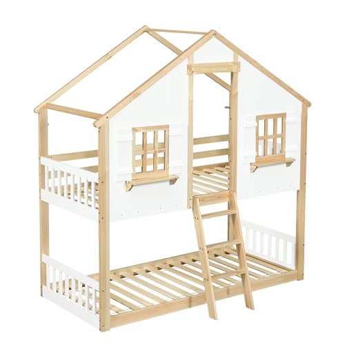 Zravenna Hochbett Hausbett 90x200 mit Schöne Fenster und Dach, Etagenbett für 2 Kinder mit Leiter und Sicherheitsgeländer, Bettrahmen aus Massiver Kiefer (Natur+Weiß-C, 90x200cm)