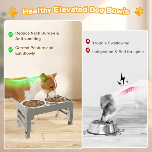Elevated Bowls for Small Dogs - 3 Height Adjustable Raised Stand With 25oz Stainless Steel Food Bowls, Anti-Slip Feeder Adjusts to 7.5", 6", 2.75", Light Brownish Gray - Image 4