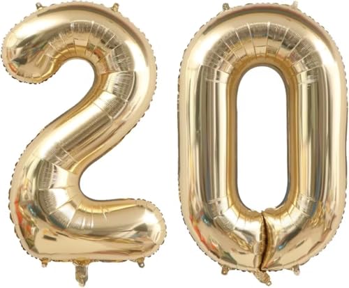 20 Balloon Number, 40 Inch Light Gold 20th Birthday Balloon, Foil Mylar Helium Large Number Balloons, Champagne Gold 20th Balloons for Birthday Anniversary Party Decorations Supplies for Men Women