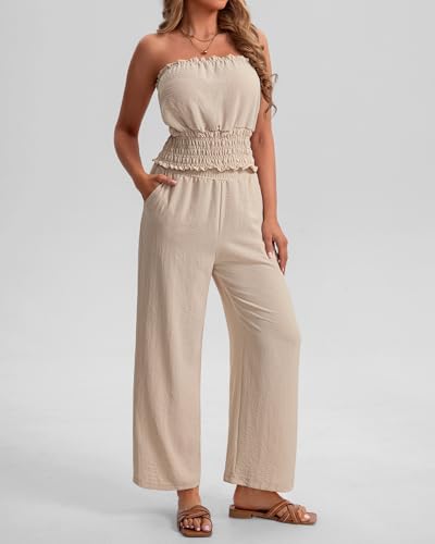 IEEILULU Women 2 Piece Sets Summer Strapless Tube Tops and Wide Leg Pants Set Ruffle Beach Vacation Outfits (Beige, XL) - image 5