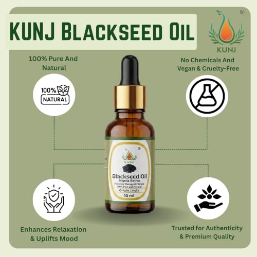 Image of KUNJ Black Seed Oil 10ml - 100% Pure & Natural Cold Pressed Kalonji Oil for Hair, Face, Skin & Scalp Care | Hair Strengthening, Scalp Nourishment & Skin Care | Nigella Sativa Oil