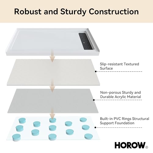Image of HOROW Shower Base 60 inch x 32 inch, Right Drain Single Threshold Shower Base in White with Efficient Drainage, Non-Slip, Stainless Steel Cover, Small Rectangle Acrylic Shower Pan for Bathroom