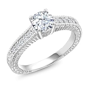 Gem Stone King 925 Sterling Silver White Created Sapphire and White Lab Grown Diamond Engagement Ring For Women (1.15 Cttw, Available In Size 5, 6, 7, 8, 9)