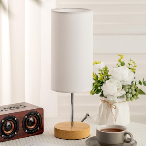 Lámpara de mesa pequeña con pantalla blanca y base de madera miniatura 6