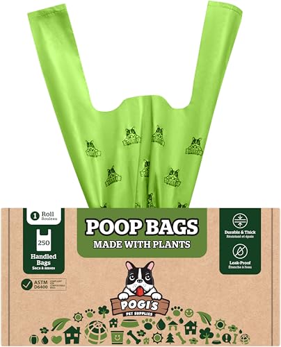 Pogi's Compostable Poop Bags with Easy-Tie Handles – Leak-Proof, Extra-Large, Made with Plants (Single Roll, 250-Count)