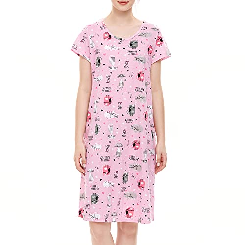 American Trends Nightgowns For Women Cotton Night Shirts Short Sleeve Night Gown Dress Casual Pajamas Soft Sleepwear Pink Cat S #TOP2