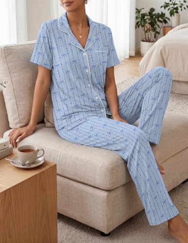 Image of Womens Pajamas Sets 2 Piece Button Up Pj Sets Short Sleeve with Long Pant