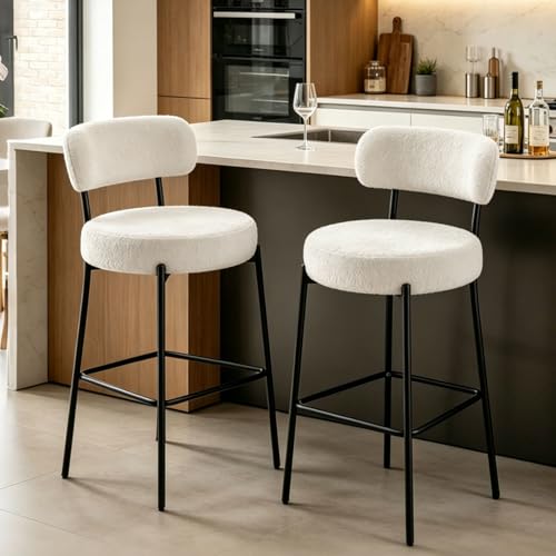 Image of Counter Height Bar Stools, Boucle Upholstered Bar Stools with Back and Footrest, 30 Inch Counter Stools Metal Frame, Heavy Duty Modern Bar Chairs for Kitchen Island, White Barstools Set of 6