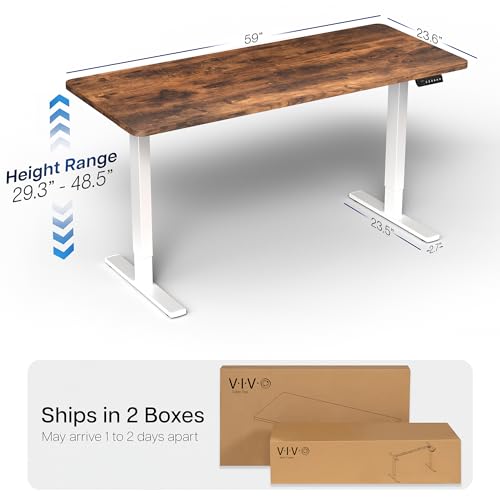 Image of VIVO Electric 60 x 24 in Rustic Standing Desk, Memory Height Adjustment, 1B Series, Holds 220 lbs, One-Piece Vintage Brown Top, White Frame, DESK-KIT-1W6N