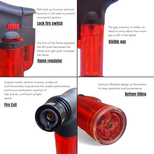 Image of Jet Flame Gas Lighter Windproof, Refillable, Torch Lighter, Adjustable Flame Size, Safety Lock, Clear Fuel Tank for Kitchen, Restaurant, Firework, Camping. Empty Shell.