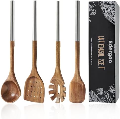 4 PCS Acacia Wood Cooking Utensils Set with Magnetic Hanging Handles Stainless Steel, Heat-Resistant Multi Function Cooking Tools