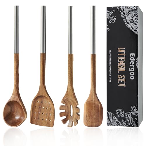 Edergoo 4 PCS Acacia Wood Cooking Utensils Set with Magnetic Hanging Handles Stainless Steel, Heat-Resistant Multi Function Cooking Tools