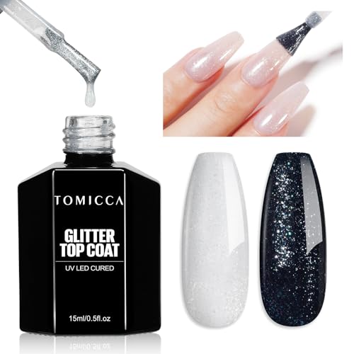 Tomicca Gel top coat glitterato, 15 ml, smalto semi-permanente per unghie, UV/LED, ideale per una manicure fai da te professionale a casa