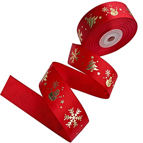 22 Mètres Ruban de Noël en Satin rubans imprimé avec arbre de Noël doré bonhomme de neige flocons de neige, Ruban Joyeux Noël pour Décoration et emballage Cadeau (Rouge) Cover