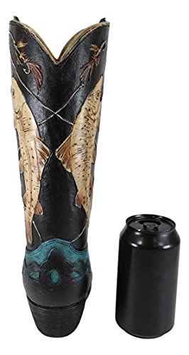 Ebros Rustic Western Fishing Angler Jumping Bass Fishes Cowboy Cowgirl Boot Decorative Figurine Or Floral Vase Planter Tooled Leather Finish Table Shelf Countertop Accent #TOP5