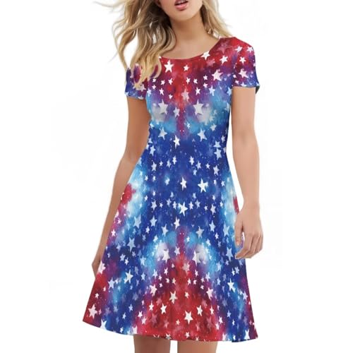 Image of HUGS IDEA Womens Puffy Swing Midi Dress Round Neck Short Sleeve Party A-Line Dresses
