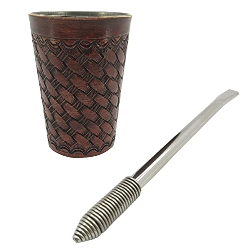 Kit 1 Cuia Tereré Em Couro e Inox 200ml 1 Bomba Inox Mola Removível 1 Escovinha de Limpeza
