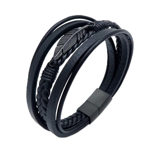 Bracelet cuir noir KnSam homme 21cm plume acier inoxydable punk