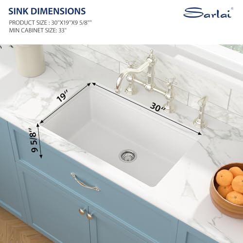 Sarlai 30 White Kitchen Sink Granite Composite - 30 x 19 inch Kitchen Sink Undermount White Granite Composite Quartz Single Bowl Under Counter Ledge Workstation Kitchen Sink Basin - Thumbnail 5