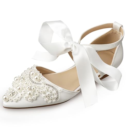 Women's Wedding Flat Pearl Rhinestone Pointed Toe Ivory Satin Ribbon Tie Bridal Shoes