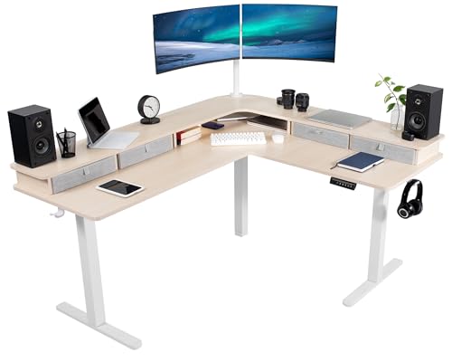 VIVO Electric 2-Tier Corner L-Shaped 63 x 55 inch Standing Desk, Height Adjustable, Memory Controller, Light Wood Top White Frame, Light Gray Drawers, DESK-E3CVC