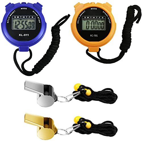 2 Pcs Digital Sport Stopwatch Timer with 2 Stainless Steel Whistle Water Resistant Referee Stop Watch Handheld Digital Timer For Training Swimming Running