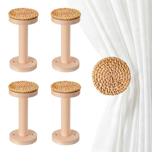 4 Pcs Curtain Holdbacks,Curtain Holders for Wall,Handcrafted Bohemian Rattan&Beech Wood