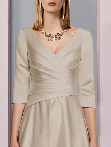 Lyhias A-Line Elegant Mother of The Bride Dress V Neck 3/4 Length Sleeve Tea Length Wedding Guest Dress with Pleats 20244