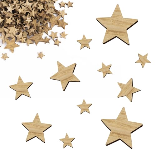 100pz Stelline Legno Piccole Natalizie, Stelle Legno Decorative Natale per Decorazioni Fai da Te Lavoratti Tavolo (Massiccio,4 Misure, 10mm/12mm/15mm/20mm)