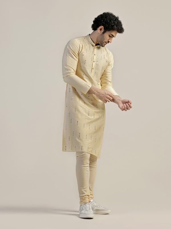 Kisah Men's Kurta, Cream Cotton Blend, Embellished Regular Fit Mandarin Collar Long Sleeves (38)