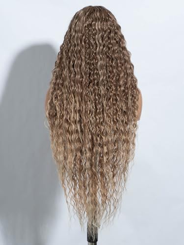 Joedir 32" Long Deep Curly Wavy Lace Front Synthetic Wigs HD Transparent Glueless Lace Wig Heat Resistant Fiber Pre Plucked Hairline with Baby Hair Wig for Women(Ombre Dirty Blond Color) - Image 4