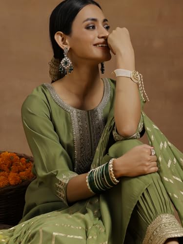 Image of Libas Embroidered Silk Blend Straight Kurta with Salwar and Dupatta