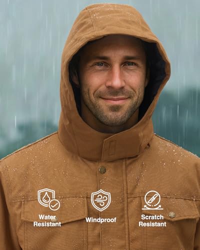 HISEA Winter Work Jackets for Men, Water Resistant Hooded Duck Canvas Coat, Relaxed Fit Insulated Utility Jacket with Pockets 5