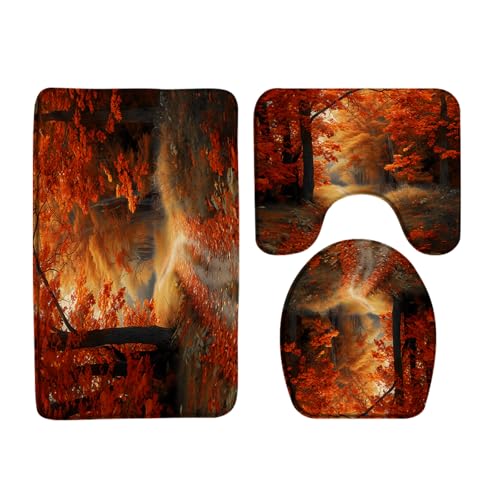 AYDSMYD 3 Piece Fall Forest Bath Mat Fall Maple Leaves Tree Nature Autumn Season Scenery Bathroom Bathtub Floor Rugs Absorbent Doormat Toilet Decor
