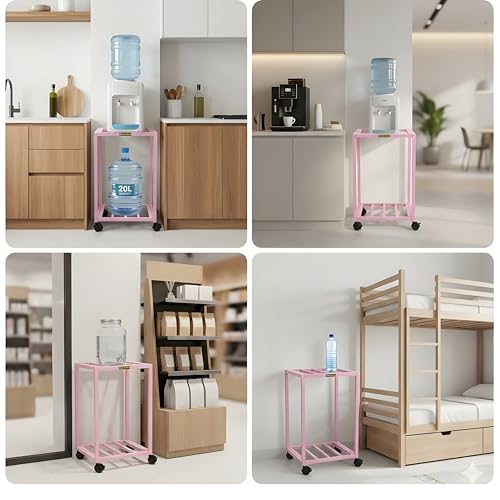 Image of 2-Tier Metal Water Dispenser Stand with Lockable Wheels ? Heavy-Duty Black Frame Cart for 20?25L Bottles, Cans & Jars | Multifunctional Kitchen & Home Storage and Mobility Solution(Pink)