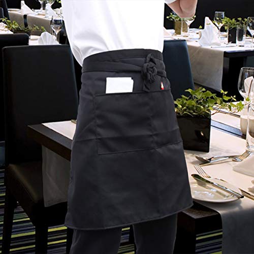 Uonlytech Avental de cintura unissex meio bistrô com 2 bolsos extra grandes, preto, meio avental de