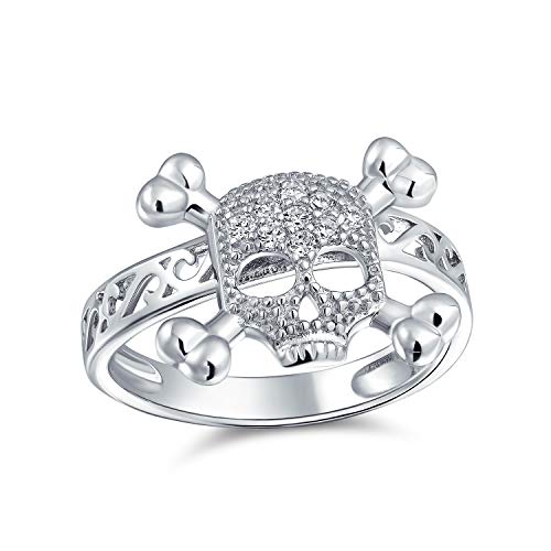 Bling Jewelry Mode Cz Karibische Piraten Schädel Kreuzknochen Ring Für Teen Für Frauen Punk Goth Zirkonia 925 Sterling Silber