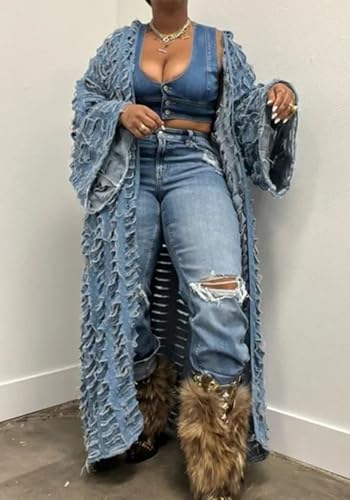 LETSVDO Women's Ripped Denim Duster Kimono Cardigan Oversized Distressed Hollow Out Open Front Long Jean Jacket Coat2