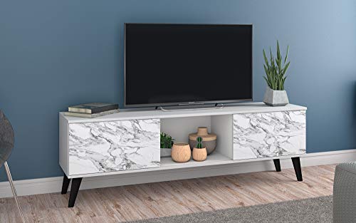 Manhattan Comfort Doyers Mid-Century Modern Living Room Tv Stand, 62.20", 62.20 Inch Wide, White/Marble Stamp #TOP1