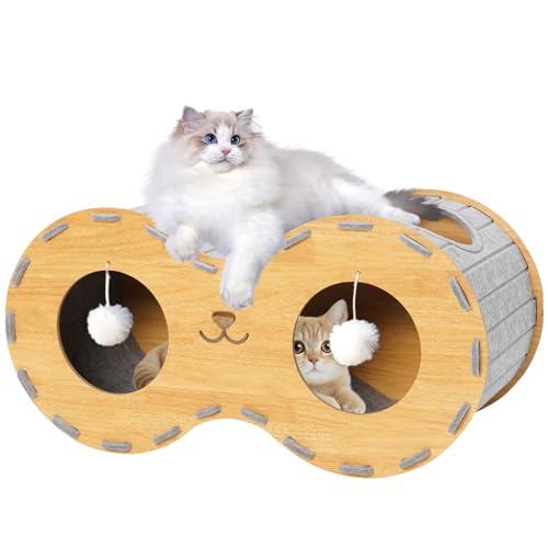 Katzenbett, Holz stabilen Katzenlöcher aus hochwertigen Decken, Katzenhaus Innenraum 2 Etagen Katzenbett, Katzenlöcher Schlafen, Spielen und...