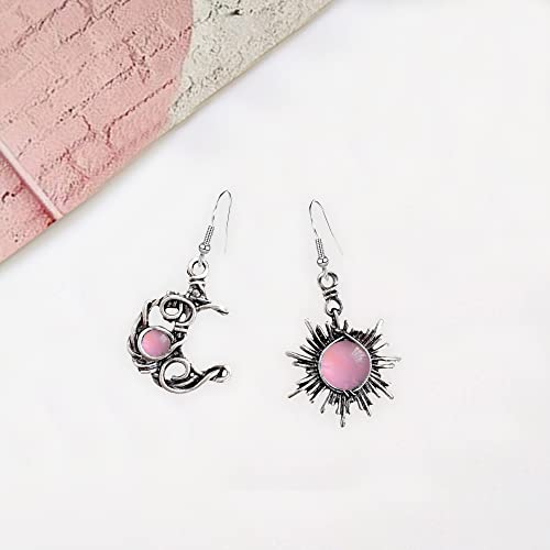 Vintage Boho Opal Sun And Moon Drop Dangle Earrings Moonstone Natural Stone Hook Bohemian For Women Girls Asymmetrical Antiqued Silver Celestial Jewelry (Pink) #TOP4